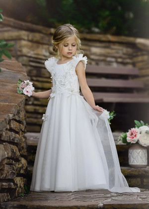 Beaded White Lace Tulle Flower Girl Dress Communion Dress